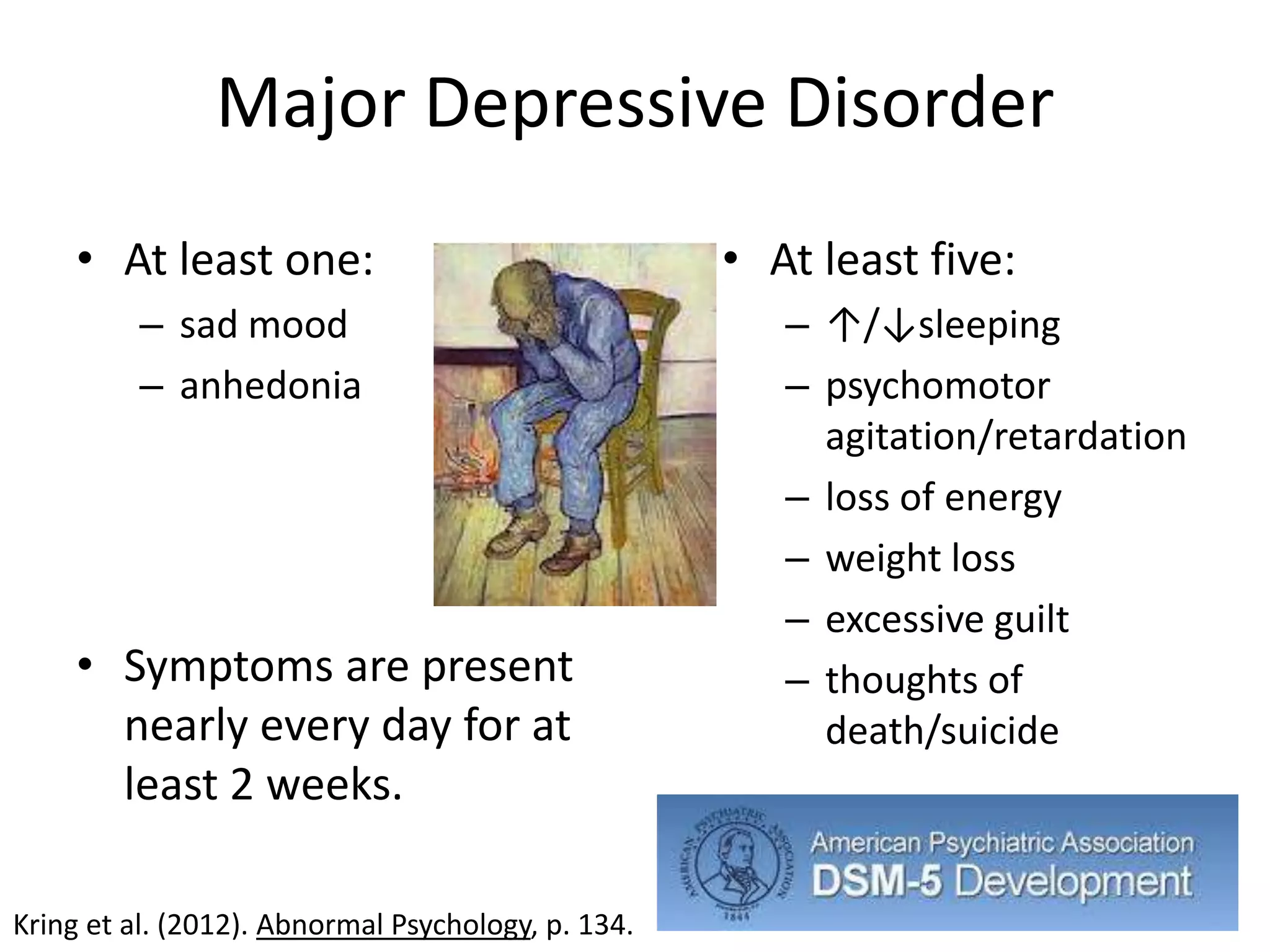 Major Depressive Disorder
     • At least one:                                • At least five:
          – sad mood                                   – ↑/↓sleeping
          – anhedonia                                  – psychomotor
                                                         agitation/retardation
                                                       – loss of energy
                                                       – weight loss
                                                       – excessive guilt
     • Symptoms are present                            – thoughts of
       nearly every day for at                           death/suicide
       least 2 weeks.

Kring et al. (2012). Abnormal Psychology, p. 134.
 