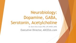 Neurobiology:
Dopamine, GABA,
Serotonin, Acetylcholine
Dr. Dawn-Elise Snipes PhD, LPC-MHSP, LMHC
Executive Director, AllCEUs.com
 