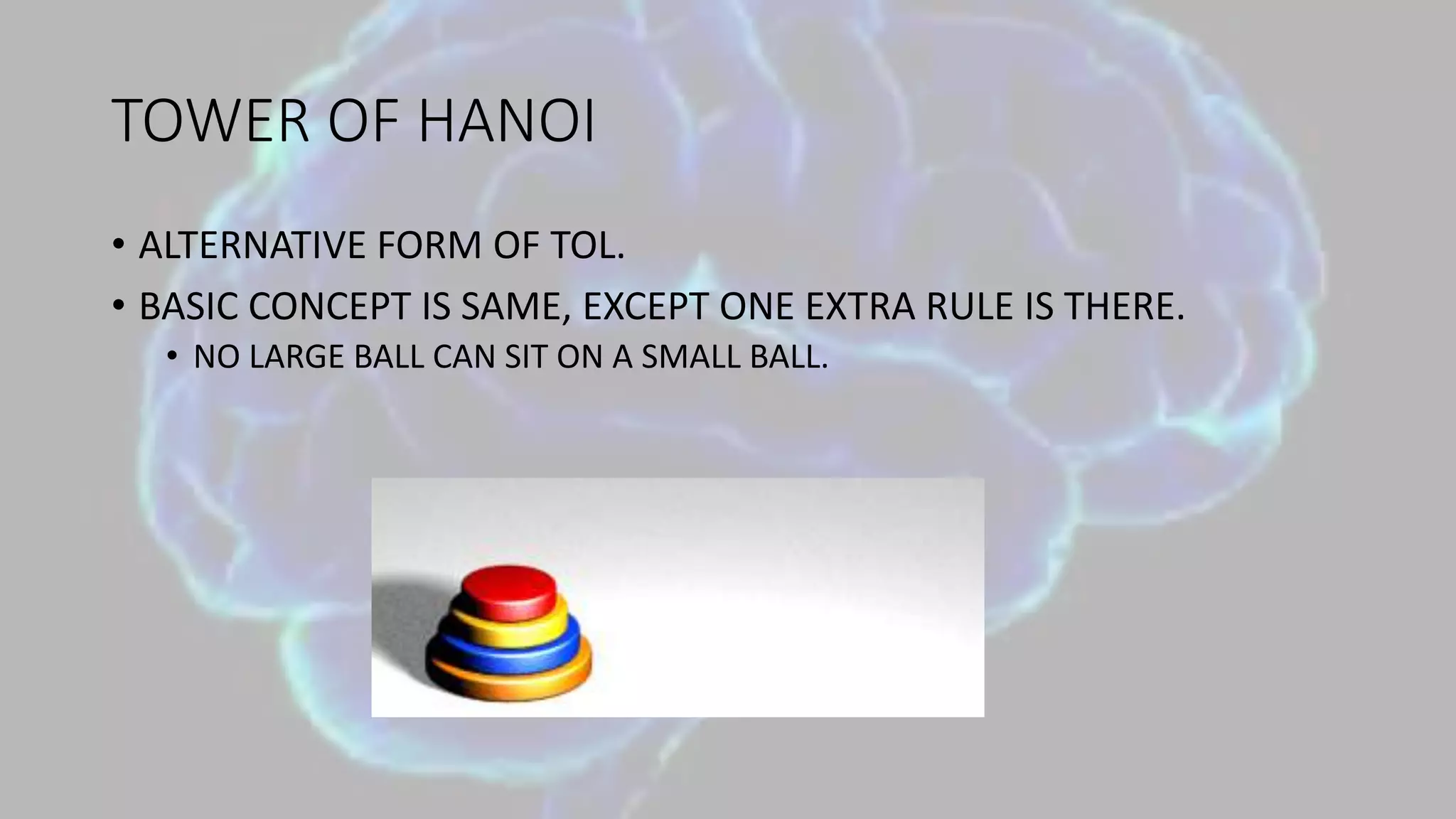 TOWER OF HANOI
• ALTERNATIVE FORM OF TOL.
• BASIC CONCEPT IS SAME, EXCEPT ONE EXTRA RULE IS THERE.
• NO LARGE BALL CAN SIT ON A SMALL BALL.
 