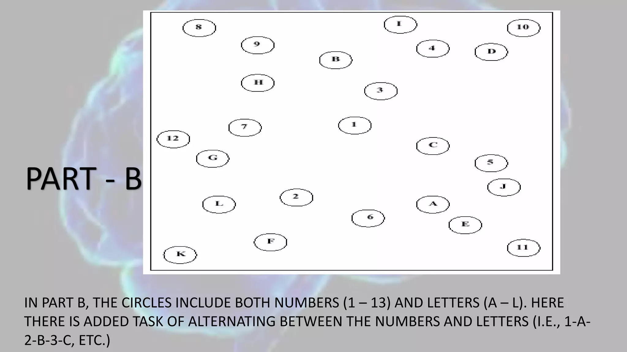 PART - B
IN PART B, THE CIRCLES INCLUDE BOTH NUMBERS (1 – 13) AND LETTERS (A – L). HERE
THERE IS ADDED TASK OF ALTERNATING BETWEEN THE NUMBERS AND LETTERS (I.E., 1-A-
2-B-3-C, ETC.)
 