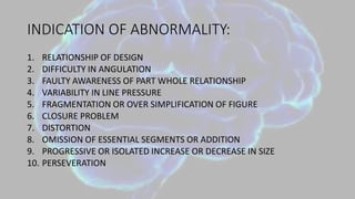 INDICATION OF ABNORMALITY:
1. RELATIONSHIP OF DESIGN
2. DIFFICULTY IN ANGULATION
3. FAULTY AWARENESS OF PART WHOLE RELATIONSHIP
4. VARIABILITY IN LINE PRESSURE
5. FRAGMENTATION OR OVER SIMPLIFICATION OF FIGURE
6. CLOSURE PROBLEM
7. DISTORTION
8. OMISSION OF ESSENTIAL SEGMENTS OR ADDITION
9. PROGRESSIVE OR ISOLATED INCREASE OR DECREASE IN SIZE
10. PERSEVERATION
 