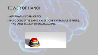TOWER OF HANOI
• ALTERNATIVE FORM OF TOL.
• BASIC CONCEPT IS SAME, EXCEPT ONE EXTRA RULE IS THERE.
• NO LARGE BALL CAN SIT ON A SMALL BALL.
 