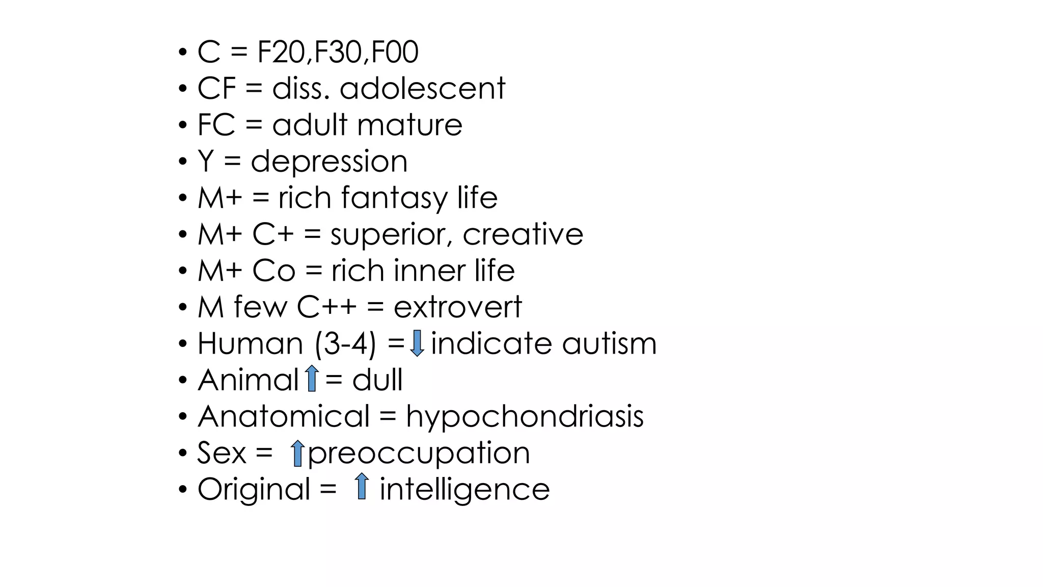 • C = F20,F30,F00
• CF = diss. adolescent
• FC = adult mature
• Y = depression
• M+ = rich fantasy life
• M+ C+ = superior, creative
• M+ Co = rich inner life
• M few C++ = extrovert
• Human (3-4) = indicate autism
• Animal = dull
• Anatomical = hypochondriasis
• Sex = preoccupation
• Original = intelligence
 
