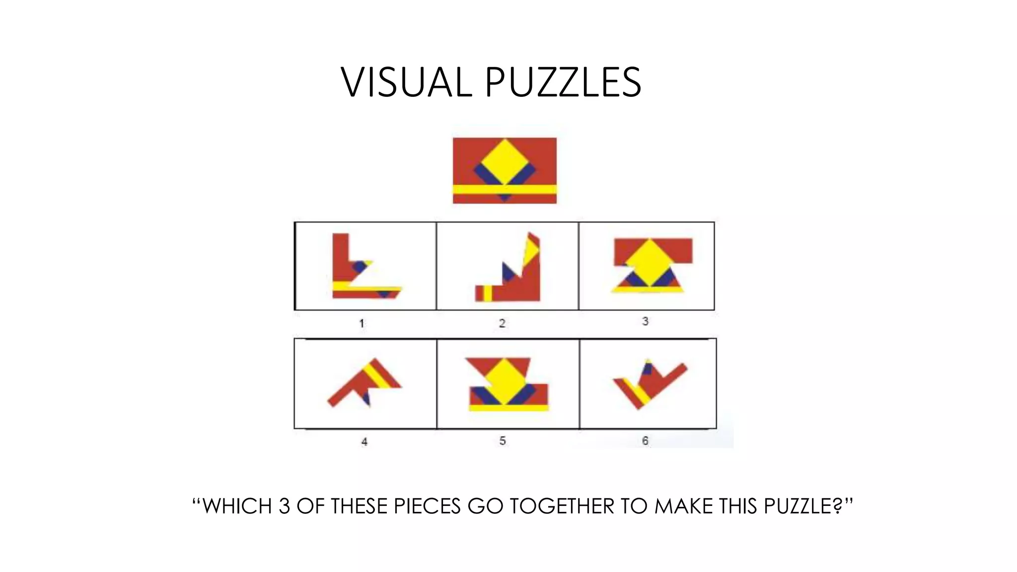 VISUAL PUZZLES
“WHICH 3 OF THESE PIECES GO TOGETHER TO MAKE THIS PUZZLE?”
 