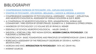 BIBLIOGRAPHY
• COMPREHENSIVE TEXTBOOK OF PSYCHIATRY, VOL , KAPLAN AND SADOCK.
• SYNOPSIS OF PSYCHIATRY, 10TH EDITION - BENJAMIN J SADOCK & VIRGINIA A SADOCK
• COMPREHENSIVE HANDBOOK OF PSYCHOLOGICAL ASSESSMENT - VOLUME 1 -INTELLECTUAL
AND NEUROPSYCHOLOGICAL ASSESSMENT BY GERALD GOLDSTEIN & SUE R. BEERS
• A COMPENDIUM OF NEUROPSYCHOLOGICAL TESTS: ADMINISTRATION, NORMS AND
COMMENTARY, THIRD EDITION BY ESTHER STRAUSS, ELISABETH M. S. SHERMAN & OTFRIED SPREEN.
• HANDBOOK OF PSYCHOLOGY (12 VOLUME SET) BY IRVING B. WEINER
• ESSENTIALS OF SCHOOL NEUROPSYCHOLOGICAL - MILLER, DANIEL C
• SHELDON J. KORCHIN.(1986, FIRST INDIAN EDITION). MODERN CLINICAL PSYCHOLOGY. CBS
PUBLISHERS & DISTRIBUTORS.
• THE RORSCHACH - BASIC FOUNDATIONS AND PRINCIPLES OF INTERPRETATION BY JOHN E. EXNER
• RORSCHACH ASSESSMENT OF THE PERSONALITY DISORDERS BY STEVEN K. HUPRICH
(BOOKOS.ORG)
• MORGAN AND KING. INTRODUCTION TO PSYCHOLOGY. TATA MC GRAW HILL
• INTERNET SOURCES
 