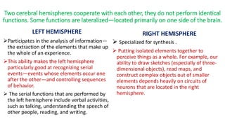 Two cerebral hemispheres cooperate with each other, they do not perform identical
functions. Some functions are lateralized—located primarily on one side of the brain.
LEFT HEMISPHERE
Participates in the analysis of information—
the extraction of the elements that make up
the whole of an experience.
This ability makes the left hemisphere
particularly good at recognizing serial
events—events whose elements occur one
after the other—and controlling sequences
of behavior.
 The serial functions that are performed by
the left hemisphere include verbal activities,
such as talking, understanding the speech of
other people, reading, and writing.
RIGHT HEMISPHERE
 Specialized for synthesis .
 Putting isolated elements together to
perceive things as a whole. For example, our
ability to draw sketches (especially of three-
dimensional objects), read maps, and
construct complex objects out of smaller
elements depends heavily on circuits of
neurons that are located in the right
hemisphere.
 