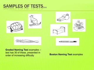 SAMPLES OF TESTS…
Graded Naming Test examples –
test has 30 of these, presented in
order of increasing difficulty Boston Naming Test examples
 