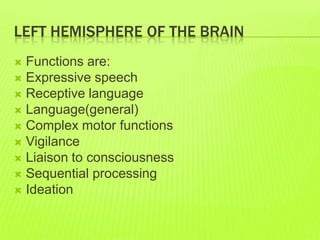LEFT HEMISPHERE OF THE BRAIN
 Functions are:
 Expressive speech
 Receptive language
 Language(general)
 Complex motor functions
 Vigilance
 Liaison to consciousness
 Sequential processing
 Ideation
 
