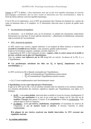 - GEOPSY.COM - Psychologie interculturelle et Psychothérapie -
14
Cannon au 20ème
la définie : « Etat stationnaire mais qui est fait d’un équilibre dynamique de réaction
physiologiques coordonnées chez les êtres vivants en interaction avec leur environnement ». Ainsi, la
fixité du milieu intérieur vent d’un équilibre dynamique.
C’est le SN et le S endocrinien avec le SNV qui permettent chez l’homme de maintenir les ≠ parties du
corps en harmonie dans ce S complexe. Le S immunitaire intervient aussi et permet de garder notre
identité.
• Les mécanismes de régulation
La rétroaction – ou le feed-back- joue sur les hormones. La plupart des mécanismes endocriniens
fonctionnent sur cette base. Il existe cpdt des rétroactions +, phénomènes d’emballement, mécanisme
impt au moment de l’accouchement.
• SNV : fonction de régulation
Le SNV innerve nos viscères, organes intérieurs, il est composé de fibres motrices et sensitives. Il
recueille la sensibilité de nos viscères : cœur, poumons, glandes endocriniennes.
Il agit sur la circulation sanguine, cardiaque, sexuelle, digestive, T°…
L’organisation du SNV se fait à plusieurs niveaux : organes, relais et centres autour de la moëlle et
du tronc cérébral, sous la dptce de l’hypothalamus.
Tous les centres sont influencés par la FR lorsqu’elle est activée. Au-dessus de la FR, il y a
L’hypothalamus.
► Les psychotropes entraînent des tbles sur S∑ et Spara∑ (impuissance avec les
neuroleptiques…)
Le SNV est divisé en S∑ et Spara∑ commandés par l’hypothalamus :
- Spara∑ est commandé par l’hypothalamus antéro-interne
- S∑ est commandé par l’hypothalamus postéro-externe.
→ Ces 2 S sont complémentaires mais fonctionnement ≠ment.
L’hypothalamus est un centre impt qui gère l’homéostasie.
Il agit sur le SNV par la FR, c’est un carrefour essentiel entre les émotions et les contenus mentaux.
Les émotions déclenchent des réactions végétatives régulées par l’hypothalamus sous dptce su S
limbique.
Le S∑ : a une action globale, intervient dans sa totalité et à tous les niveaux simultanément. Il
fonctionne par anticipation et se met en jeu avant que le danger soit là. Son rôle est de
mobiliser l’énergie pour passer à l’action. Il est catabolisant et utilise la noradrénaline. Très
sollicité dans le stress et l’angoisse.
Le Spara∑ : action qui innerve, anabolisante, récupératrice. Il reconstitue les réserves de
l’organisme et agit de manière locale et sélective. Il favorise l’érection et utilise
l’acétylcholine.
►la plupart de nos viscères reçoivent une double innervation. Le SNV exerçant une
régulation viscérale.
• Le système endocrinien
 