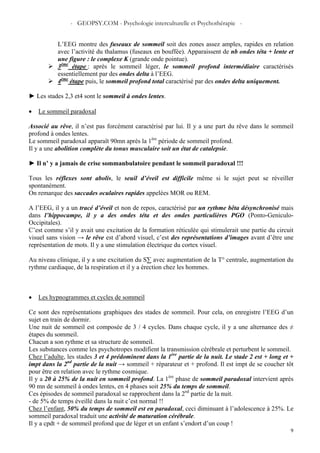 - GEOPSY.COM - Psychologie interculturelle et Psychothérapie -
9
L’EEG montre des fuseaux de sommeil soit des zones assez amples, rapides en relation
avec l’activité du thalamus (fuseaux en bouffée). Apparaissent de nb ondes téta + lente et
une figure : le complexe K (grande onde pointue).
3ème
étape : après le sommeil léger, le sommeil profond intermédiaire caractérisés
essentiellement par des ondes delta à l’EEG.
4ème
étape puis, le sommeil profond total caractérisé par des ondes delta uniquement.
► Les stades 2,3 et4 sont le sommeil à ondes lentes.
• Le sommeil paradoxal
Associé au rêve, il n’est pas forcément caractérisé par lui. Il y a une part du rêve dans le sommeil
profond à ondes lentes.
Le sommeil paradoxal apparaît 90mn après la 1ère
période de sommeil profond.
Il y a une abolition complète du tonus musculaire soit un état de catalepsie.
► Il n’ y a jamais de crise sommanbulatoire pendant le sommeil paradoxal !!!
Tous les réflexes sont abolis, le seuil d’éveil est difficile même si le sujet peut se réveiller
spontanément.
On remarque des saccades oculaires rapides appelées MOR ou REM.
A l’EEG, il y a un tracé d’éveil et non de repos, caractérisé par un rythme bêta désynchronisé mais
dans l’hippocampe, il y a des ondes téta et des ondes particulières PGO (Ponto-Geniculo-
Occipitales).
C’est comme s’il y avait une excitation de la formation réticulée qui stimulerait une partie du circuit
visuel sans vision → le rêve est d’abord visuel, c’est des représentations d’images avant d’être une
représentation de mots. Il y a une stimulation électrique du cortex visuel.
Au niveau clinique, il y a une excitation du S∑ avec augmentation de la T° centrale, augmentation du
rythme cardiaque, de la respiration et il y a érection chez les hommes.
• Les hypnogrammes et cycles de sommeil
Ce sont des représentations graphiques des stades de sommeil. Pour cela, on enregistre l’EEG d’un
sujet en train de dormir.
Une nuit de sommeil est composée de 3 / 4 cycles. Dans chaque cycle, il y a une alternance des ≠
étapes du sommeil.
Chacun a son rythme et sa structure de sommeil.
Les substances comme les psychotropes modifient la transmission cérébrale et perturbent le sommeil.
Chez l’adulte, les stades 3 et 4 prédominent dans la 1ère
partie de la nuit. Le stade 2 est + long et +
impt dans la 2nd
partie de la nuit → sommeil + réparateur et + profond. Il est impt de se coucher tôt
pour être en relation avec le rythme cosmique.
Il y a 20 à 25% de la nuit en sommeil profond. La 1ère
phase de sommeil paradoxal intervient après
90 mn de sommeil à ondes lentes, en 4 phases soit 25% du temps de sommeil.
Ces épisodes de sommeil paradoxal se rapprochent dans la 2nd
partie de la nuit.
- de 5% de temps éveillé dans la nuit c’est normal !!
Chez l’enfant, 50% du temps de sommeil est en paradoxal, ceci diminuant à l’adolescence à 25%. Le
sommeil paradoxal traduit une activité de maturation cérébrale.
Il y a cpdt + de sommeil profond que de léger et un enfant s’endort d’un coup !
 