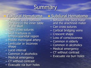 Summary Epidural Hematoma Potential space between the dura in the inner table of the skull Can’t cross sutures Skull fractures in temporoparietal region Middle meningeal artery Lenticular or biconvex shape Lucid interval Common in alcoholics Medical emergency CT without contrast Evacuate via burr holes Subdural Hematoma Between the dura mater and the arachnoid mater Can cross sutures Cortical bridging veins Crescent shape Loss of consciousness Common in elderly Common in alcoholics Medical emergency CT without contrast Evacuate via burr holes 