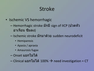 Stroke Ischemic VS hemorrhagic Hemorrhagic stroke  มักมี  sign of IICP ( ปวดหัว อาเจียน ซึมลง ) Ischemic stroke  มักมาด้วย  sudden neurodeficit Hemiparesis Apasia / apraxia Amaurosis fugax Onset  แยกไม่ได้ Clinical  แยกไม่ได้  100%    need investigation = CT 