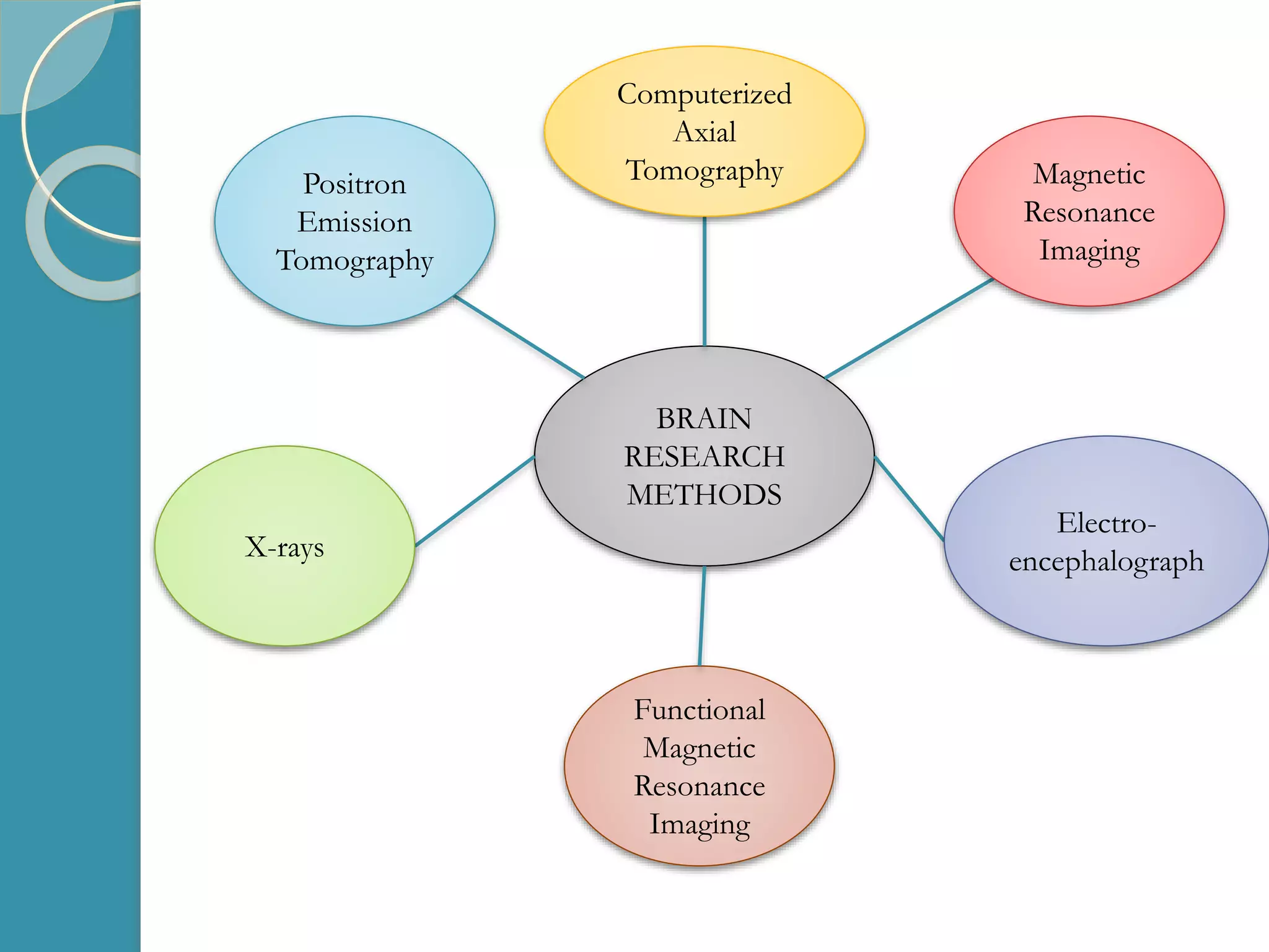 BRAIN
RESEARCH
METHODS
X-rays
Computerized
Axial
Tomography
Electro-
encephalograph
Positron
Emission
Tomography
Magnetic
Resonance
Imaging
Functional
Magnetic
Resonance
Imaging
 