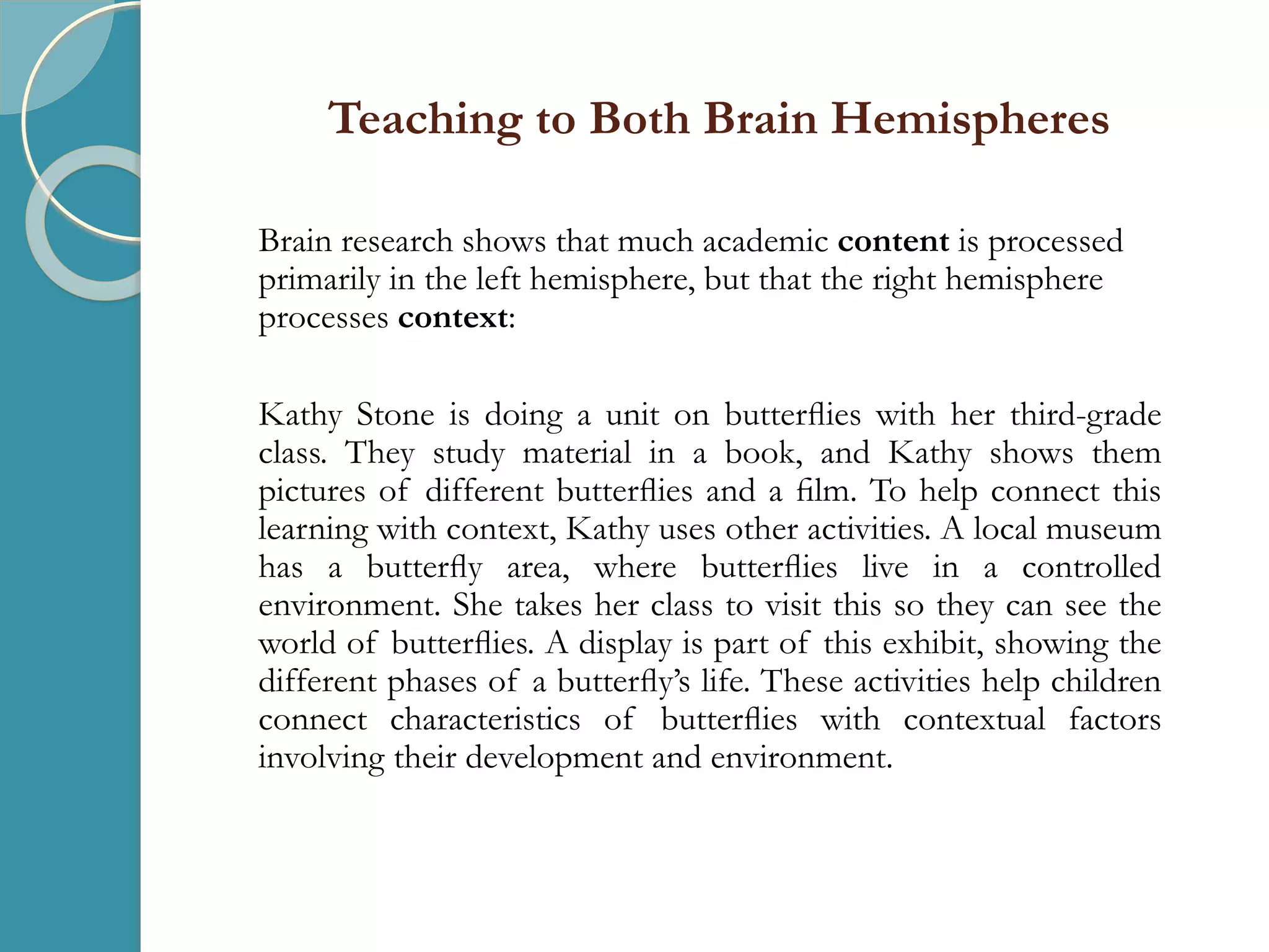 Teaching to Both Brain Hemispheres
Brain research shows that much academic content is processed
primarily in the left hemisphere, but that the right hemisphere
processes context:
Kathy Stone is doing a unit on butterﬂies with her third-grade
class. They study material in a book, and Kathy shows them
pictures of different butterﬂies and a ﬁlm. To help connect this
learning with context, Kathy uses other activities. A local museum
has a butterﬂy area, where butterﬂies live in a controlled
environment. She takes her class to visit this so they can see the
world of butterﬂies. A display is part of this exhibit, showing the
different phases of a butterﬂy’s life. These activities help children
connect characteristics of butterﬂies with contextual factors
involving their development and environment.
 