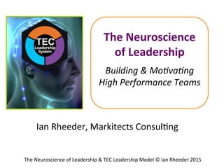 !
!
The!Neuroscience!
of!Leadership!
!
Building(&(Mo,va,ng(
High(Performance(Teams!
!
Ian!Rheeder,!Markitects!Consul5ng!
The!Neuroscience!of!Leadership!&!TEC!Leadership!Model!©!Ian!Rheeder!2015!
 