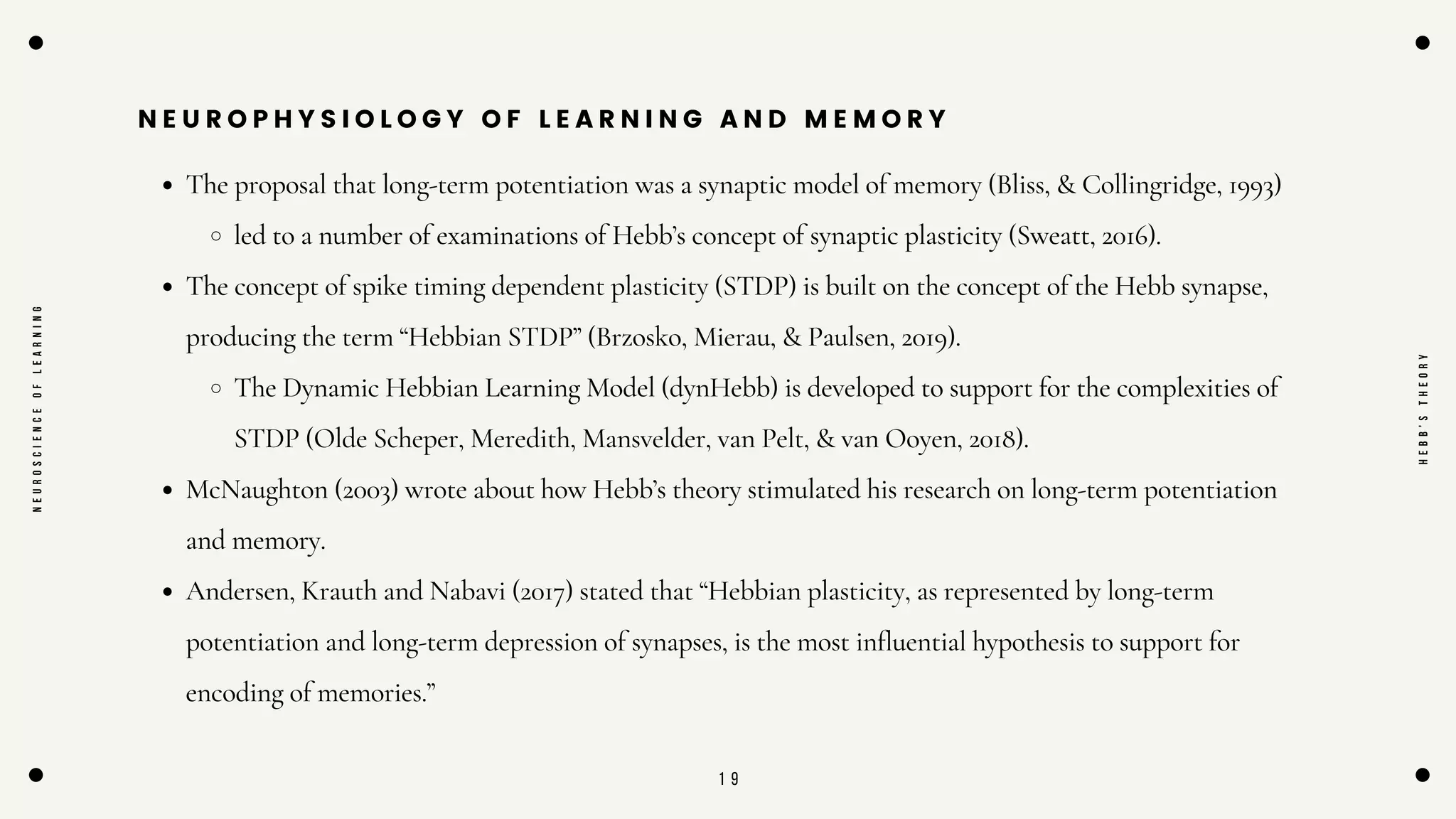 1 9
N E U R O P H Y S I O L O G Y O F L E A R N I N G A N D M E M O R Y
The proposal that long-term potentiation was a synaptic model of memory (Bliss, & Collingridge, 1993)
led to a number of examinations of Hebb’s concept of synaptic plasticity (Sweatt, 2016).
The concept of spike timing dependent plasticity (STDP) is built on the concept of the Hebb synapse,
producing the term “Hebbian STDP” (Brzosko, Mierau, & Paulsen, 2019).
The Dynamic Hebbian Learning Model (dynHebb) is developed to support for the complexities of
STDP (Olde Scheper, Meredith, Mansvelder, van Pelt, & van Ooyen, 2018).
McNaughton (2003) wrote about how Hebb’s theory stimulated his research on long-term potentiation
and memory.
Andersen, Krauth and Nabavi (2017) stated that “Hebbian plasticity, as represented by long-term
potentiation and long-term depression of synapses, is the most influential hypothesis to support for
encoding of memories.”
N
E
U
R
O
S
C
I
E
N
C
E
O
F
L
E
A
R
N
I
N
G
H
E
B
B
'
S
T
H
E
O
R
Y
 