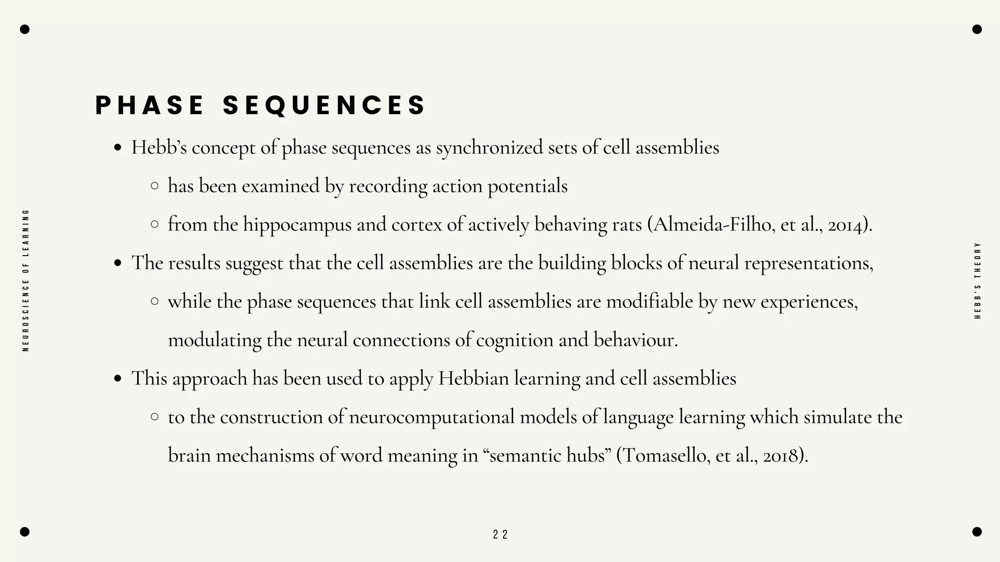 2 2
P H A S E S E Q U E N C E S
Hebb’s concept of phase sequences as synchronized sets of cell assemblies
has been examined by recording action potentials
from the hippocampus and cortex of actively behaving rats (Almeida-Filho, et al., 2014).
The results suggest that the cell assemblies are the building blocks of neural representations,
while the phase sequences that link cell assemblies are modifiable by new experiences,
modulating the neural connections of cognition and behaviour.
This approach has been used to apply Hebbian learning and cell assemblies
to the construction of neurocomputational models of language learning which simulate the
brain mechanisms of word meaning in “semantic hubs” (Tomasello, et al., 2018).
N
E
U
R
O
S
C
I
E
N
C
E
O
F
L
E
A
R
N
I
N
G
H
E
B
B
'
S
T
H
E
O
R
Y
 