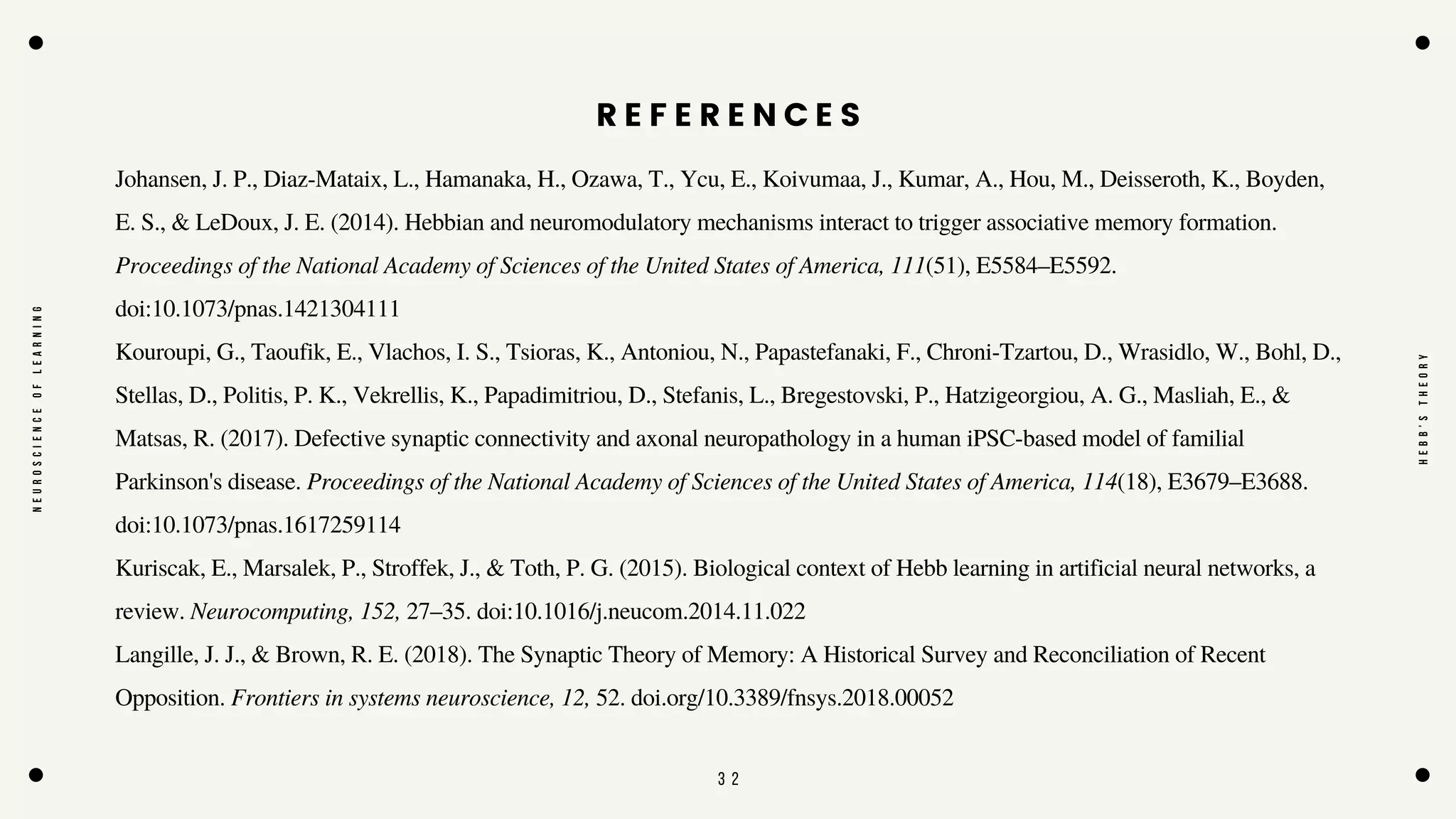 3 2
Langille, J. J., & Brown, R. E. (2018). The Synaptic Theory of Memory: A Historical Survey and Reconciliation of Recent
Opposition. Frontiers in systems neuroscience, 12, 52. doi.org/10.3389/fnsys.2018.00052
Johansen, J. P., Diaz-Mataix, L., Hamanaka, H., Ozawa, T., Ycu, E., Koivumaa, J., Kumar, A., Hou, M., Deisseroth, K., Boyden,
E. S., & LeDoux, J. E. (2014). Hebbian and neuromodulatory mechanisms interact to trigger associative memory formation.
Proceedings of the National Academy of Sciences of the United States of America, 111(51), E5584–E5592.
doi:10.1073/pnas.1421304111
Kouroupi, G., Taoufik, E., Vlachos, I. S., Tsioras, K., Antoniou, N., Papastefanaki, F., Chroni-Tzartou, D., Wrasidlo, W., Bohl, D.,
Stellas, D., Politis, P. K., Vekrellis, K., Papadimitriou, D., Stefanis, L., Bregestovski, P., Hatzigeorgiou, A. G., Masliah, E., &
Matsas, R. (2017). Defective synaptic connectivity and axonal neuropathology in a human iPSC-based model of familial
Parkinson's disease. Proceedings of the National Academy of Sciences of the United States of America, 114(18), E3679–E3688.
doi:10.1073/pnas.1617259114
Kuriscak, E., Marsalek, P., Stroffek, J., & Toth, P. G. (2015). Biological context of Hebb learning in artificial neural networks, a
review. Neurocomputing, 152, 27–35. doi:10.1016/j.neucom.2014.11.022
N
E
U
R
O
S
C
I
E
N
C
E
O
F
L
E
A
R
N
I
N
G
H
E
B
B
'
S
T
H
E
O
R
Y
R E F E R E N C E S
 