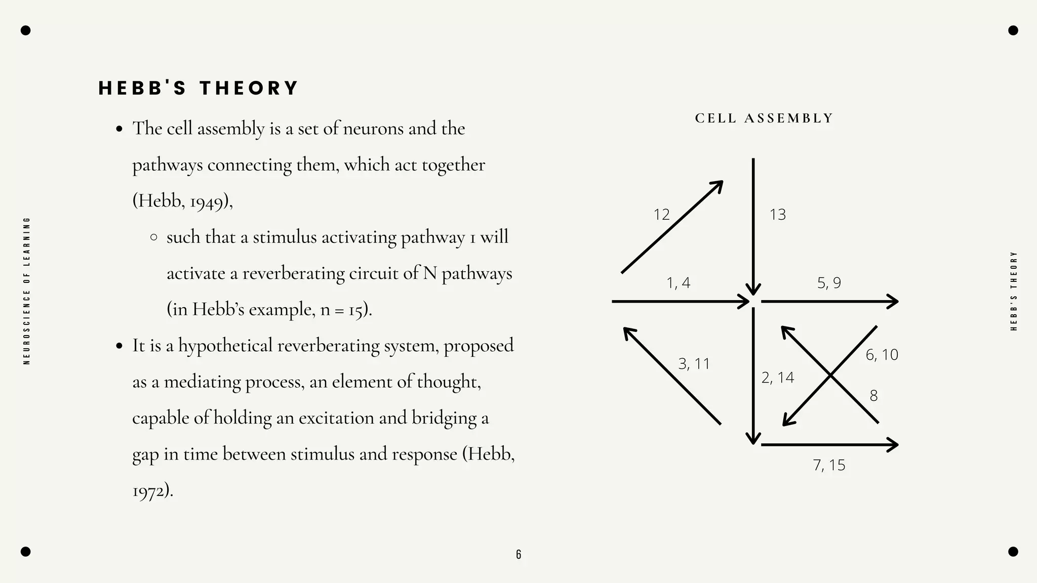 6
H E B B ' S T H E O R Y
The cell assembly is a set of neurons and the
pathways connecting them, which act together
(Hebb, 1949),
such that a stimulus activating pathway 1 will
activate a reverberating circuit of N pathways
(in Hebb’s example, n = 15).
It is a hypothetical reverberating system, proposed
as a mediating process, an element of thought,
capable of holding an excitation and bridging a
gap in time between stimulus and response (Hebb,
1972).
N
E
U
R
O
S
C
I
E
N
C
E
O
F
L
E
A
R
N
I
N
G
H
E
B
B
'
S
T
H
E
O
R
Y
1, 4 5, 9
7, 15
13
12
3, 11
2, 14
6, 10
8
C E L L A S S E M B L Y
 