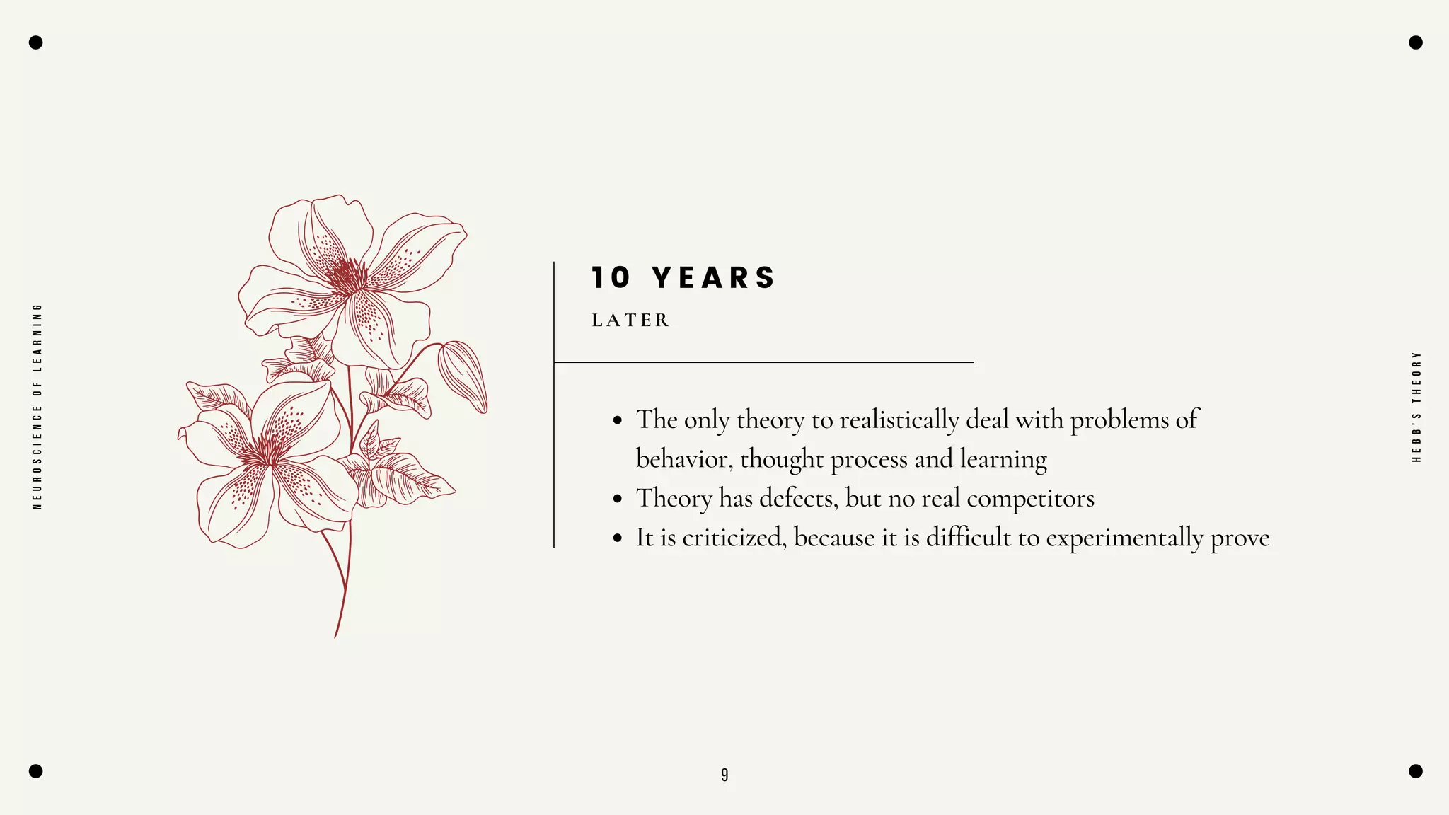 9
1 0 Y E A R S
L A T E R
The only theory to realistically deal with problems of
behavior, thought process and learning
Theory has defects, but no real competitors
It is criticized, because it is difficult to experimentally prove
N
E
U
R
O
S
C
I
E
N
C
E
O
F
L
E
A
R
N
I
N
G
H
E
B
B
'
S
T
H
E
O
R
Y
 