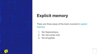 Explicit memory
There are three areas of the brain involved in explicit
memory:
1. the hippocampus,
2. the neo-cortex and
3. the amygdala.
Yellow
Pond
 