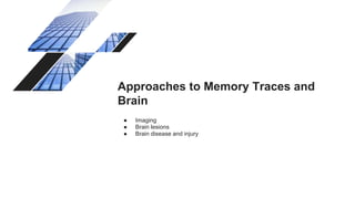 Approaches to Memory Traces and
Brain
● Imaging
● Brain lesions
● Brain disease and injury
 