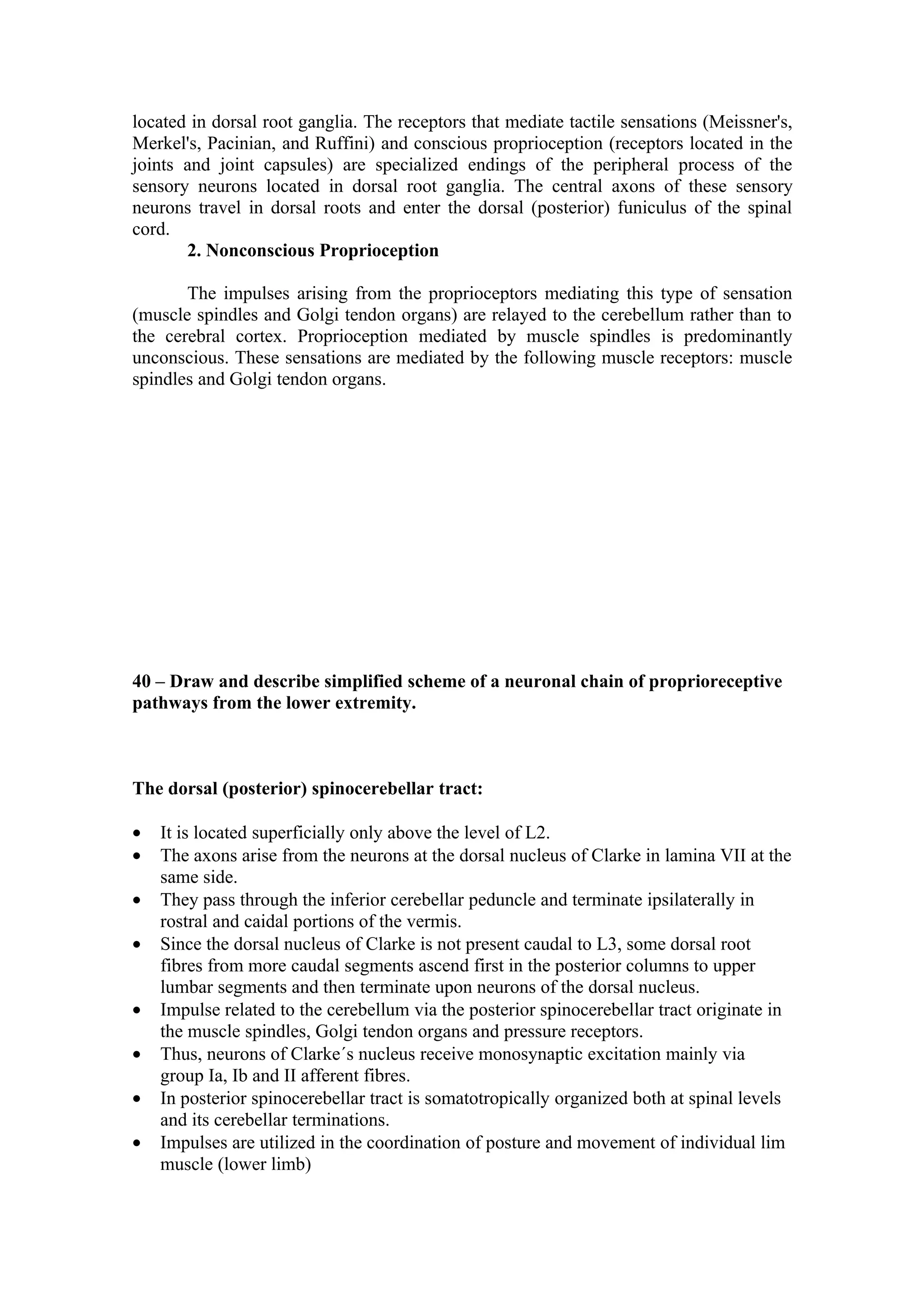 located in dorsal root ganglia. The receptors that mediate tactile sensations (Meissner's,
Merkel's, Pacinian, and Ruffini) and conscious proprioception (receptors located in the
joints and joint capsules) are specialized endings of the peripheral process of the
sensory neurons located in dorsal root ganglia. The central axons of these sensory
neurons travel in dorsal roots and enter the dorsal (posterior) funiculus of the spinal
cord.
       2. Nonconscious Proprioception

       The impulses arising from the proprioceptors mediating this type of sensation
(muscle spindles and Golgi tendon organs) are relayed to the cerebellum rather than to
the cerebral cortex. Proprioception mediated by muscle spindles is predominantly
unconscious. These sensations are mediated by the following muscle receptors: muscle
spindles and Golgi tendon organs.




40 – Draw and describe simplified scheme of a neuronal chain of proprioreceptive
pathways from the lower extremity.



The dorsal (posterior) spinocerebellar tract:

•   It is located superficially only above the level of L2.
•   The axons arise from the neurons at the dorsal nucleus of Clarke in lamina VII at the
    same side.
•   They pass through the inferior cerebellar peduncle and terminate ipsilaterally in
    rostral and caidal portions of the vermis.
•   Since the dorsal nucleus of Clarke is not present caudal to L3, some dorsal root
    fibres from more caudal segments ascend first in the posterior columns to upper
    lumbar segments and then terminate upon neurons of the dorsal nucleus.
•   Impulse related to the cerebellum via the posterior spinocerebellar tract originate in
    the muscle spindles, Golgi tendon organs and pressure receptors.
•   Thus, neurons of Clarke´s nucleus receive monosynaptic excitation mainly via
    group Ia, Ib and II afferent fibres.
•   In posterior spinocerebellar tract is somatotropically organized both at spinal levels
    and its cerebellar terminations.
•   Impulses are utilized in the coordination of posture and movement of individual lim
    muscle (lower limb)
 
