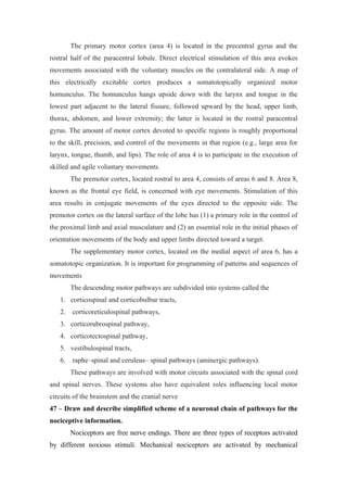 The primary motor cortex (area 4) is located in the precentral gyrus and the
rostral half of the paracentral lobule. Direct electrical stimulation of this area evokes
movements associated with the voluntary muscles on the contralateral side. A map of
this electrically excitable cortex produces a somatotopically organized motor
homunculus. The homunculus hangs upside down with the larynx and tongue in the
lowest part adjacent to the lateral fissure, followed upward by the head, upper limb,
thorax, abdomen, and lower extremity; the latter is located in the rostral paracentral
gyrus. The amount of motor cortex devoted to specific regions is roughly proportional
to the skill, precision, and control of the movements in that region (e.g., large area for
larynx, tongue, thumb, and lips). The role of area 4 is to participate in the execution of
skilled and agile voluntary movements.
        The premotor cortex, located rostral to area 4, consists of areas 6 and 8. Area 8,
known as the frontal eye field, is concerned with eye movements. Stimulation of this
area results in conjugate movements of the eyes directed to the opposite side. The
premotor cortex on the lateral surface of the lobe has (1) a primary role in the control of
the proximal limb and axial musculature and (2) an essential role in the initial phases of
orientation movements of the body and upper limbs directed toward a target.
        The supplementary motor cortex, located on the medial aspect of area 6, has a
somatotopic organization. It is important for programming of patterns and sequences of
movements
        The descending motor pathways are subdivided into systems called the
   1. corticospinal and corticobulbar tracts,
   2.   corticoreticulospinal pathways,
   3. corticorubrospinal pathway,
   4. corticotectospinal pathway,
   5. vestibulospinal tracts,
   6.   raphe–spinal and ceruleus– spinal pathways (aminergic pathways).
        These pathways are involved with motor circuits associated with the spinal cord
and spinal nerves. These systems also have equivalent roles influencing local motor
circuits of the brainstem and the cranial nerve
47 – Draw and describe simplified scheme of a neuronal chain of pathways for the
nociceptive information.
        Nociceptors are free nerve endings. There are three types of receptors activated
by different noxious stimuli. Mechanical nociceptors are activated by mechanical
 