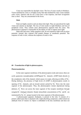 Cones are responsible for daylight vision. The loss of cones results in blindness.
Vision mediated by cones is of higher acuity than that mediated by rods. Cones mediate
color vision, whereas rods do not. Cones have a fast response, and their in-tegration
time is short. They are concentrated in the fovea.

       Rods

       Rods are highly sensitive and can detect dim light. They are specialized for night
vision and saturate in daylight. The loss of rods results in night blindness and loss of
peripheral vision. They contain more photosensitive pigment than the cones. The
photosensitive pigment is responsible for the ability of rods to capture more light.
       Both rods and cones, unlike ganglion cells, do not respond to light with an action
potential. Instead, they respond with graded changes in membrane potential. The
response of rods is slow, whereas the response of cones is fast.




60 – Transduction of light in photoreceptors.

Phototransduction

       In the outer segment membrane of the photoreceptors (rods and cones), there are
                                                    +
cyclic guanosine monophosphate (cGMP)gated Na channels. cGMP binds directly to
                                                                                        +
the cytoplasmic side of the channel, which causes it to open, allowing an influx of Na .
During darkness, the presence of high levels of cGMP in photoreceptors results in
                +                                                 +
opening of Na channels, and an inward current carried by Na flows into the outer
segment of the photoreceptor. Thus, the photoreceptors remain depolarized during
            +
darkness. K flows out across the inner segment of the receptor membrane through
           +                                                                +       +
nongated K (leakage) channels. Steady intracellular concentrations of Na and K are
                    +   +
maintained by Na -K pumps located in the inner segments of the photoreceptor.
       A photoreceptor pigment, rhodopsin, is present in the rods. It consists of a
protein called opsin that is attached with a light-absorbing component, called retinal (an
aldehyde form of vitamin A). Opsin is embedded in the disc membrane and does not
 