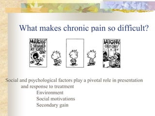 What makes chronic pain so difficult?
Social and psychological factors play a pivotal role in presentation
and response to treatment
Environment
Social motivations
Secondary gain
 