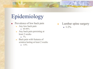 Epidemiology
■ Prevalence of low back pain
■ Any low back pain
■ 60-80%
■ Any back pain persisting at
least 2 weeks
■ 7%
■ Back pain with features of
sciatica lasting at least 2 weeks
■ 1.6%
■ Lumbar spine surgery
■ 1-2%
 