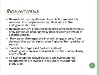 BIOSYNTHESIS
 Neurosteroids are synthesized from cholesterol which is
converted into pregnenolone and then into all other
endogenous steroids.
 Neurosteroids are produced in the brain after local synthesis
or by conversion of peripherally-derived adrenal steroids or
gonadal steroids.
 They accumulate especially in myelinating glial cells, from
cholesterol or steroidal precursors imported from peripheral
sources.
 5α-reductase type i and 3α-hydroxysteroid
dehydrogenase are involved in the biosynthesis of inhibitory
neurosteroids.
 3β-hydroxysteroid dehydrogenase and hydroxysteroid
sulfotransferas are involved in excitatory neurosteroid
production.
11
 
