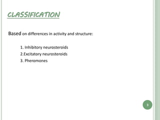 CLASSIFICATION
Based on differences in activity and structure:
1. Inhibitory neurosteroids
2.Excitatory neurosteroids
3. Pheromones
3
 