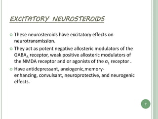 EXCITATORY NEUROSTEROIDS
 These neurosteroids have excitatory effects on
neurotransmission.
 They act as potent negative allosteric modulators of the
GABAA receptor, weak positive allosteric modulators of
the NMDA receptor and or agonists of the σ1 receptor .
 Have antidepressant, anxiogenic,memory-
enhancing, convulsant, neuroprotective, and neurogenic
effects.
7
 
