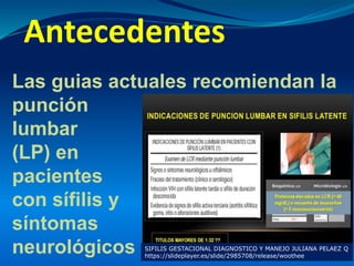 Antecedentes
Las guias actuales recomiendan la
punción
lumbar
(LP) en
pacientes
con sífilis y
síntomas
neurológicos SIFILIS GESTACIONAL DIAGNOSTICO Y MANEJO JULIANA PELAEZ Q
https://slideplayer.es/slide/2985708/release/woothee
 