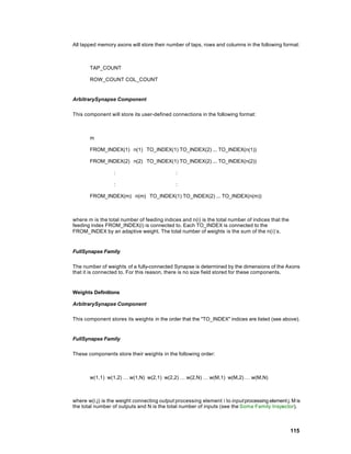 All tapped memory axons will store their number of taps, rows and columns in the following format:



       TAP_COUNT

       ROW_COUNT COL_COUNT


ArbitrarySynapse Component

This component will store its user-defined connections in the following format:



       m

       FROM_INDEX(1) n(1) TO_INDEX(1) TO_INDEX(2) ... TO_INDEX(n(1))

       FROM_INDEX(2) n(2) TO_INDEX(1) TO_INDEX(2) ... TO_INDEX(n(2))

                  :                          :

                  :                          :

       FROM_INDEX(m) n(m) TO_INDEX(1) TO_INDEX(2) ... TO_INDEX(n(m))



where m is the total number of feeding indices and n(i) is the total number of indices that the
feeding index FROM_INDEX(i) is connected to. Each TO_INDEX is connected to the
FROM_INDEX by an adaptive weight. The total number of weights is the sum of the n(i)’s.


FullSynapse Family

The number of weights of a fully-connected Synapse is determined by the dimensions of the Axons
that it is connected to. For this reason, there is no size field stored for these components.


Weights Definitions

ArbitrarySynapse Component

This component stores its weights in the order that the "TO_INDEX" indices are listed (see above).


FullSynapse Family

These components store their weights in the following order:



       w(1,1) w(1,2) … w(1,N) w(2,1) w(2,2) … w(2,N) … w(M,1) w(M,2) … w(M,N)



where w(i,j) is the weight connecting output processing element i to input processing element j. M is
the total number of outputs and N is the total number of inputs (see the Soma Family Inspector).



                                                                                                  115
 
