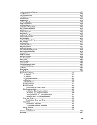 randomizeNetworkWeights.........................................................................................................................471
resetNetwork.................................................................................................................................................472
runCompiledCode........................................................................................................................................472
runNetwork....................................................................................................................................................472
runSensitivity.................................................................................................................................................472
saveWeights .................................................................................................................................................473
setActiveDataSet..........................................................................................................................................473
setAutoIncrement.........................................................................................................................................473
setCloseMacro..............................................................................................................................................474
setCodeGenProjectPath .............................................................................................................................474
setCodeGenTargetPath..............................................................................................................................474
setDither........................................................................................................................................................474
setEpochCounter.........................................................................................................................................475
setEpochs......................................................................................................................................................475
setEpochsPerTest........................................................................................................................................475
setExemplarCounter....................................................................................................................................476
setExemplars ................................................................................................................................................476
setForceWindowOnTop..............................................................................................................................476
setLearning...................................................................................................................................................477
setOpenMacro..............................................................................................................................................477
setPostRunMacro.........................................................................................................................................477
setPreRunMacro..........................................................................................................................................477
setShowExemplars ......................................................................................................................................478
setUpdateDisplayByEpoch.........................................................................................................................478
setUpdateDisplayEvery...............................................................................................................................478
setUseName.................................................................................................................................................479
setXValDataSet............................................................................................................................................479
setZeroOnReset...........................................................................................................................................479
showExemplars ............................................................................................................................................480
stepEpoch.....................................................................................................................................................480
stepExemplar................................................................................................................................................480
stopNetwork..................................................................................................................................................480
updateDisplayByEpoch...............................................................................................................................481
updateDisplayEvery.....................................................................................................................................481
useName.......................................................................................................................................................481
xValDataSet..................................................................................................................................................481
zeroOnReset.................................................................................................................................................482
ErrorCriteria Family ...............................................................................482
    L1Criterion ......................................................................................482
    L2Criterion ......................................................................................483
    L2TemporalCriterion........................................................................484
    LpCriterion ......................................................................................485
    LinfinityCriterion ..............................................................................486
    SVML2Criterion ...............................................................................487
    Access Points .................................................................................488
         ErrorCriteria Access Points ........................................................488
    DLL Implementation.........................................................................489
         L1Criterion DLL Implementation .................................................489
         L2Criterion DLL Implementation .................................................490
         LinfinityCriterion DLL Implementation..........................................491
         DeltaBarDelta DLL Implementation .............................................492
    Drag and Drop.................................................................................493
         ErrorCriteria Drag and Drop .......................................................493
    Inspectors .......................................................................................493
         ErrorCriteria Inspector................................................................493
         L2TemporalCriterion Inspector ...................................................494
    Macro Actions .................................................................................496
         Criterion ....................................................................................496
Criterion Macro Actions...............................................................................................................................496
autoSave .......................................................................................................................................................497



                                                                                                                                                               13
 