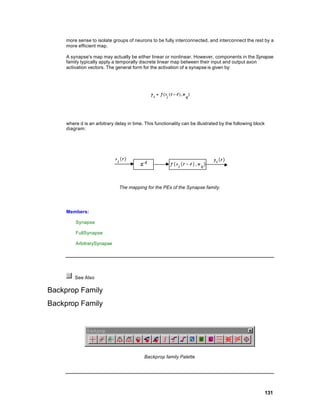 more sense to isolate groups of neurons to be fully interconnected, and interconnect the rest by a
     more efficient map.

     A synapse's map may actually be either linear or nonlinear. However, components in the Synapse
     family typically apply a temporally discrete linear map between their input and output axon
     activation vectors. The general form for the activation of a synapse is given by:




     where d is an arbitrary delay in time. This functionality can be illustrated by the following block
     diagram:




                               The mapping for the PEs of the Synapse family.




     Members:

         Synapse

         FullSynapse

         ArbitrarySynapse




         See Also

Backprop Family
Backprop Family




                                           Backprop family Palette




                                                                                                           131
 
