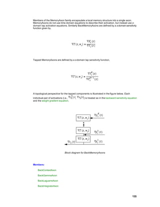 Members of the MemoryAxon family encapsulate a local memory structure into a single axon.
MemoryAxons do not use time domain equations to describe their activation, but instead use z-
domain tap activation equations. Similarly BackMemoryAxons are defined by a z-domain sensitivity
function given by,




Tapped MemoryAxons are defined by a z-domain tap sensitivity function,




A topological perspective for the tapped components is illustrated in the figure below. Each
individual pair of activations (i.e.,   ,       ) is treated as in the backward sensitivity equation
and the weight gradient equation.




                                Block diagram for BackMemoryAxons




Members:

    BackContextAxon

    BackGammaAxon

    BackLaguarreAxon

    BackIntegratorAxon



                                                                                               135
 
