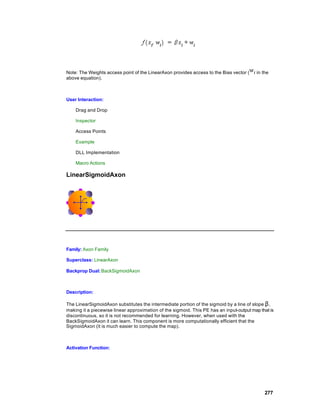 Note: The Weights access point of the LinearAxon provides access to the Bias vector (    in the
above equation).



User Interaction:

    Drag and Drop

    Inspector

    Access Points

    Example

    DLL Implementation

    Macro Actions

LinearSigmoidAxon




Family: Axon Family

Superclass: LinearAxon

Backprop Dual: BackSigmoidAxon



Description:

The LinearSigmoidAxon substitutes the intermediate portion of the sigmoid by a line of slope β ,
making it a piecewise linear approximation of the sigmoid. This PE has an input-output map that is
discontinuous, so it is not recommended for learning. However, when used with the
BackSigmoidAxon it can learn. This component is more computationally efficient that the
SigmoidAxon (it is much easier to compute the map).



Activation Function:




                                                                                             277
 