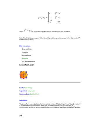 where                 is the scaled and offset activity inherited from the LinearAxon.



Note: The Weights access point of the LinearSigmoidAxon provides access to the Bias vector (
in the above equation).



User Interaction:

      Drag and Drop

      Inspector

      Access Points

      Example

      DLL Implementation

LinearTanhAxon




Family: Axon Family

Superclass: LinearAxon

Backprop Dual: BackTanhAxon



Description:

The LinearTanhAxon substitutes the intermediate portion of the tanh by a line of slope β , making it
a piecewise linear approximation of the tanh. This PE has an input-output map that is
discontinuous, so it is not recommended for learning. However, when used with the BackTanhAxon




278
 