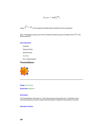 where                 is the scaled and offset activity inherited from the LinearAxon.



Note: The Weights access point of the TanhAxon provides access to the Bias vector (      in the
above equation).



User Interaction:

      Inspector

      Drag and Drop

      Access Points

      Example

      DLL Implementation

ThresholdAxon




Family: Axon Family

Superclass: BiasAxon



Description:

The ThresholdAxon will output a 1 if the input plus bias are positive and -1 otherwise. Such
nonlinear elements provide a network with the ability to implement hard decision functions.



Activation Function:




284
 