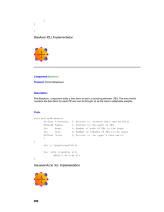 )
{

}

BiasAxon DLL Implementation




Component: BiasAxon

Protocol: PerformBiasAxon



Description:

The BiasAxon component adds a bias term to each processing element (PE). The bias vector
contains the bias term for each PE and can be thought of as the Axon’s adaptable weights.



Code:

void performBiasAxon(
       DLLData *instance, // Pointer to instance data (may be NULL)
       NSFloat *data,      // Pointer to the layer of PEs
       int     rows,       // Number of rows of PEs in the layer
       int     cols        // Number of columns of PEs in the layer
       NSFloat *bias       // Pointer to the layer's bias vector
       )
{
       int i, length=rows*cols;

        for (i=0; i<length; i++)
               data[i] += bias[i];
}

GaussianAxon DLL Implementation




288
 