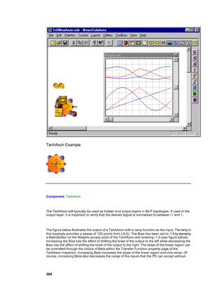 TanhAxon Example




Component: TanhAxon



The TanhAxon will typically be used as hidden a nd output layers in MLP topologies. If used in the
output layer, it is important to verify that the desired signal is normalized to between -1 and 1.



The figure below illustrates the output of a TanhAxon with a ramp function as the input. The ramp in
this example provides a sweep of 100 points from [-6,6). The Bias has been set to -1.5 by stamping
a MatrixEditor on the Weights access point of the TanhAxon and entering -1.5 (see figure below).
Increasing the Bias has the affect of shifting the knee of the output to the left while decreasing the
Bias has the affect of shifting the knee of the output to the right. The slope of the linear region can
be controlled through the choice of Beta within the Transfer Function property page of the
TanhAxon Inspector. Increasing Beta increases the slope of the linear region and vice versa. Of
course, increasing Beta also decreases the range of the inputs that the PE can accept without




304
 