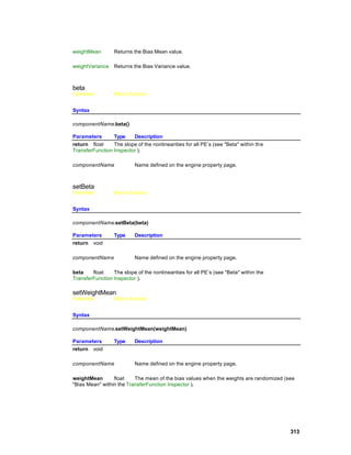 weightMean        Returns the Bias Mean value.

weightVariance    Returns the Bias Variance value.



beta
Overview          Macro Actions


Syntax

componentName.beta()

Parameters       Type    Description
return float     The slope of the nonlinearities for all PE’s (see "Beta" within th e
TransferFunction Inspector ).

componentName              Name defined on the engine property page.



setBeta
Overview          Macro Actions


Syntax

componentName.setBeta(beta)

Parameters        Type     Description
return void

componentNam e             Name defined on the engine property page.

beta    float    The slope of the nonlinearities for all PE’s (see "Beta" within the
TransferFunction Inspector ).

setWeightMean
Overview          Macro Actions


Syntax

componentName.setWeightMean(weightMean)

Parameters        Type     Description
return void

componentName              Name defined on the engine property page.

weightMean       float    The mean of the bias values when the weights are randomized (see
"Bias Mean" within the TransferFunction Inspector ).




                                                                                        313
 