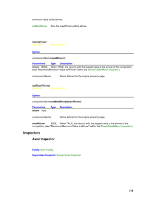 minimum value is the winner.

     setMaxWinner    Sets the maxWinner setting above.




     maxWinner
     Overview        Macro Actions


     Syntax

     componentName.maxWinner()

     Parameters     Type   Description
     return BOOL When TRUE, the neuron with the largest value is the winner of the competition
     (see "Maximum/Minimum Value is Winner" within the WinnerTakeAllAxon Inspector ).

     componentName            Name defined on the engine property page.



     setMaxWinner
     Overview        Macro Actions


     Syntax

     componentName.setMaxWinner(maxWinner)

     Parameters      Type     Description
     return void

     componentName            Name defined on the engine property page.

     maxWinner        BOOL When TRUE, the neuron with the largest value is the winner of the
     competition (see "Maximum/Minimum Value is Winner" within the WinnerTakeAllAxon Inspector ).


Inspectors
     Axon Inspector


     Family: Axon Family

     Superclass Inspector: Soma Family Inspector




                                                                                             315
 