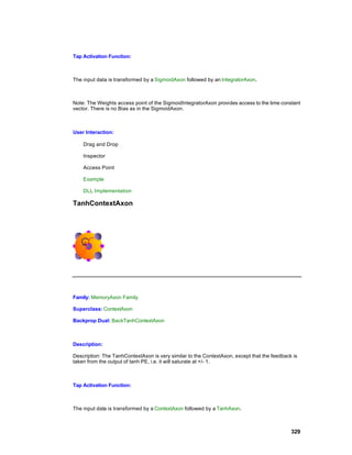 Tap Activation Function:



The input data is transformed by a SigmoidAxon followed by an IntegratorAxon.



Note: The Weights access point of the SigmoidIntegratorAxon provides access to the time constant
vector. There is no Bias as in the SigmoidAxon.



User Interaction:

    Drag and Drop

    Inspector

    Access Point

    Example

    DLL Implementation

TanhContextAxon




Family: MemoryAxon Family

Superclass: ContextAxon

Backprop Dual: BackTanhContextAxon



Description:

Description: The TanhContextAxon is very similar to the ContextAxon, except that the feedback is
taken from the output of tanh PE, i.e. it will saturate at +/- 1.



Tap Activation Function:



The input data is transformed by a ContextAxon followed by a TanhAxon.



                                                                                             329
 
