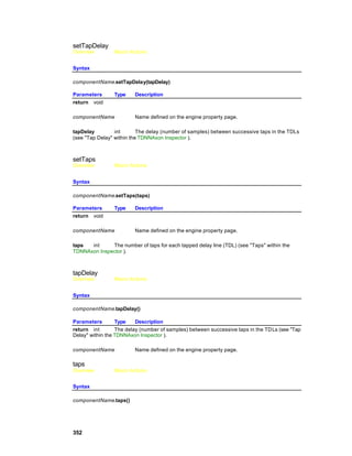 setTapDelay
Overview         Macro Actions


Syntax

componentName.setTapDelay(tapDelay)

Parameters       Type    Description
return void

componentName            Name defined on the engine property page.

tapDelay         int       The delay (number of samples) between successive taps in the TDLs
(see "Tap Delay" within the TDNNAxon Inspector ).



setTaps
Overview         Macro Actions


Syntax

componentName.setTaps(taps)

Parameters       Type    Description
return void

componentName            Name defined on the engine property page.

taps  int     The number of taps for each tapped delay line (TDL) (see "Taps" within the
TDNNAxon Inspector ).



tapDelay
Overview         Macro Actions


Syntax

componentName.tapDelay()

Parameters        Type    Description
return int        The delay (number of samples) between successive taps in the TD Ls (see "Tap
Delay" within the TDNNAxon Inspector ).

componentName            Name defined on the engine property page.

taps
Overview         Macro Actions


Syntax

componentName.taps()




352
 
