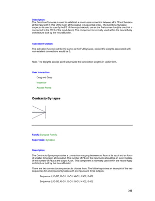 Description:
The CombinerSynapse is used to establish a one-to-one connection between all N PEs of the Axon
at the input with N PEs of the Axon at the output, in sequential order. The CombinerSynapse
inspector is used to specify the PE of the output Axon to use as the first connection (the one that is
connected to the PE 0 of the input Axon). This component is normally used within the neural-fuzzy
architecture built by the NeuralBuilder.



Activation Function:

The activation function will be the same as the FullSynapse, except the weights associated with
non-existent connections would be 0.



Note: The Weights access point will provide the connection weights in vector form.



User Interaction:

    Drag and Drop

    Inspector

    Access Points



ContractorSynapse




Family: Synapse Family

Superclass: Synapse



Description:

The ContractorSynapse provides a connection mapping between an Axon at its input and an Axon
of smaller dimension at its output. The number of PEs of the input Axon should be an even multiple
of the number of PEs at the output Axon. This component is normally used within the neural-fuzzy
architecture built by the NeuralBuilder.

There are two connection sequences to choose from. The following shows an example of the two
sequences for a ContractorSynapse with six inputs and three outputs:

       Sequence 1: I0-O0, I3-O1, I1-O1, I4-O1, I2-O2, I5-O2

       Sequence 2: I0-O0, I0-O1, I2-O1, I3-O1, I4-O2, I5-O2



                                                                                                 359
 