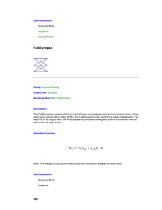 User Interaction:

      Drag and Drop

      Inspector

      Access Points



FullSynapse




Family: Synapse Family

Superclass: Synapse

Backprop Dual: BackFullSynapse



Description:

The FullSynapse provides a fully connected linear map between its input and output axons. Since
each axon represents a vector of PEs, the FullSynapse sim ply performs a matrix multiplication. For
each PE in its output axon, the FullSynapse accumulates a weighted sum of activations from all
neurons in its input axons.



Activation Function:




Note: The Weights access point will provide the connection weights in vector form.



User Interaction:

      Drag and Drop

      Inspector




362
 